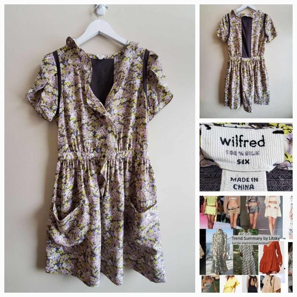 WILFRED 100% Silk and 100% Linen contrast Floral Boho Dress Aritzia